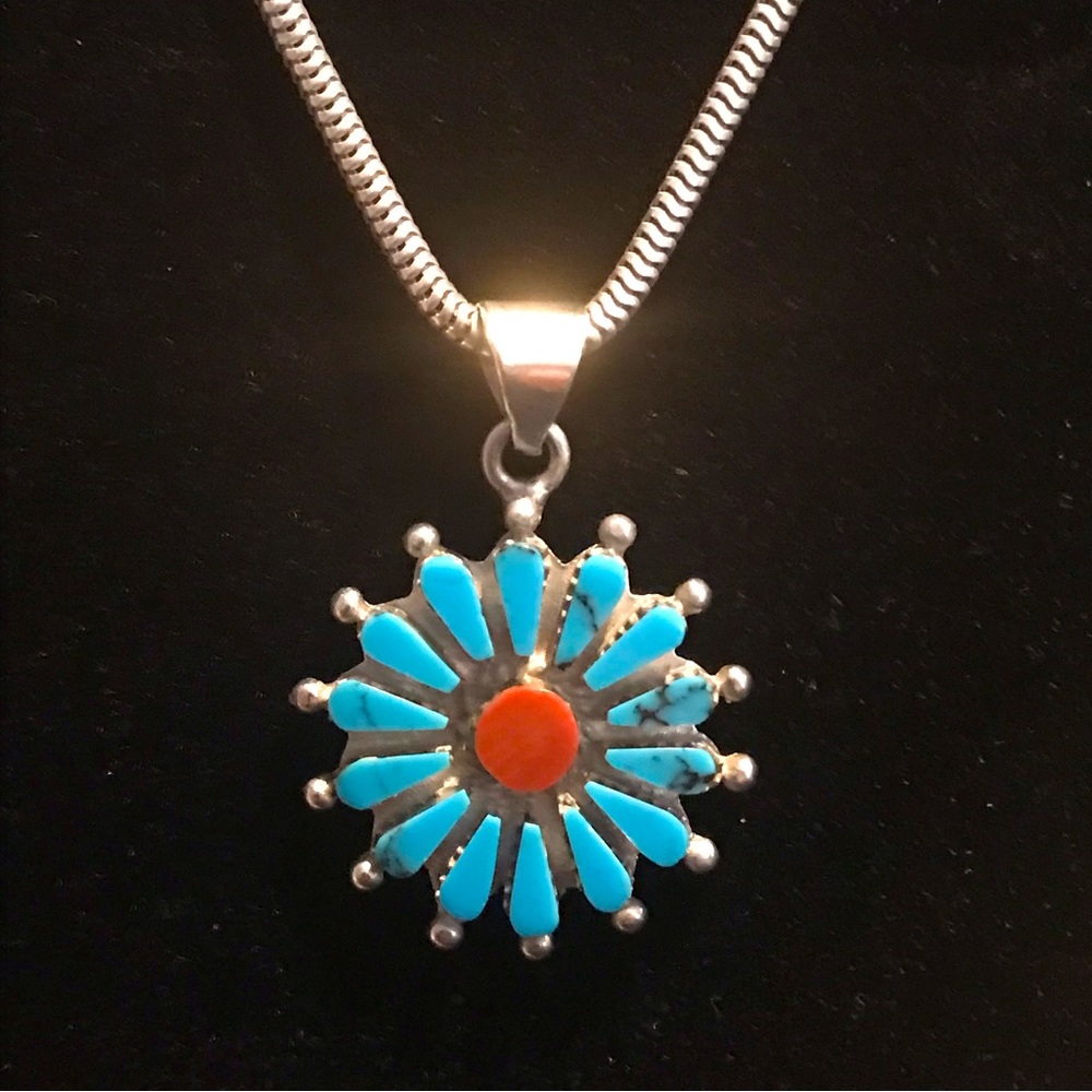 Vintage Zuni sterling silver, turquoise and red coral pendant.